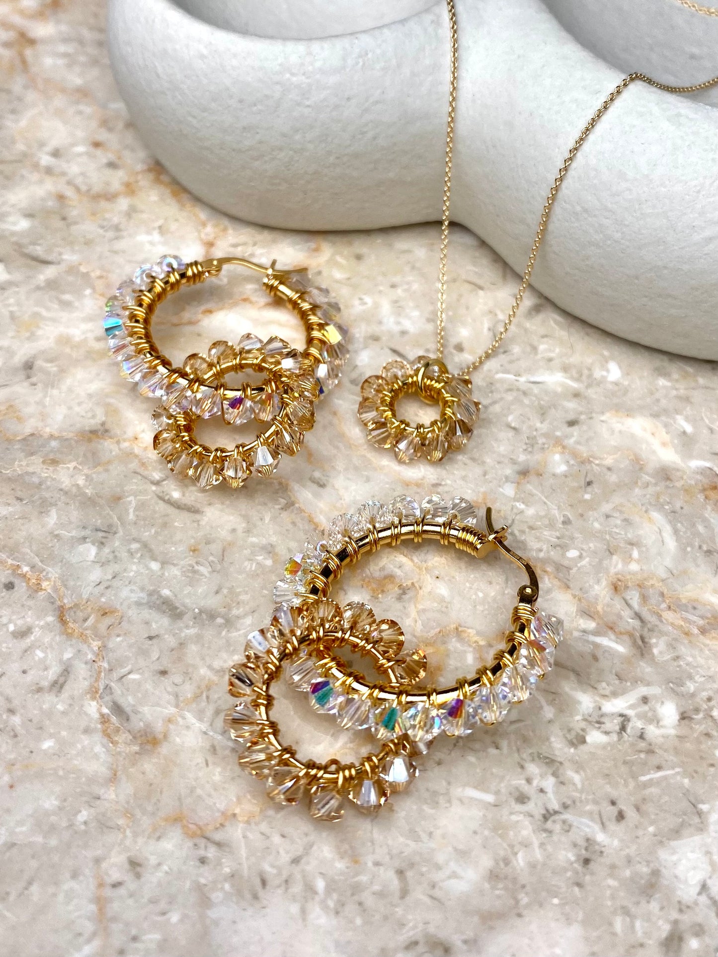 Tuplarenkaat & Soolorengas -korusetti, beige, kullattu hopea