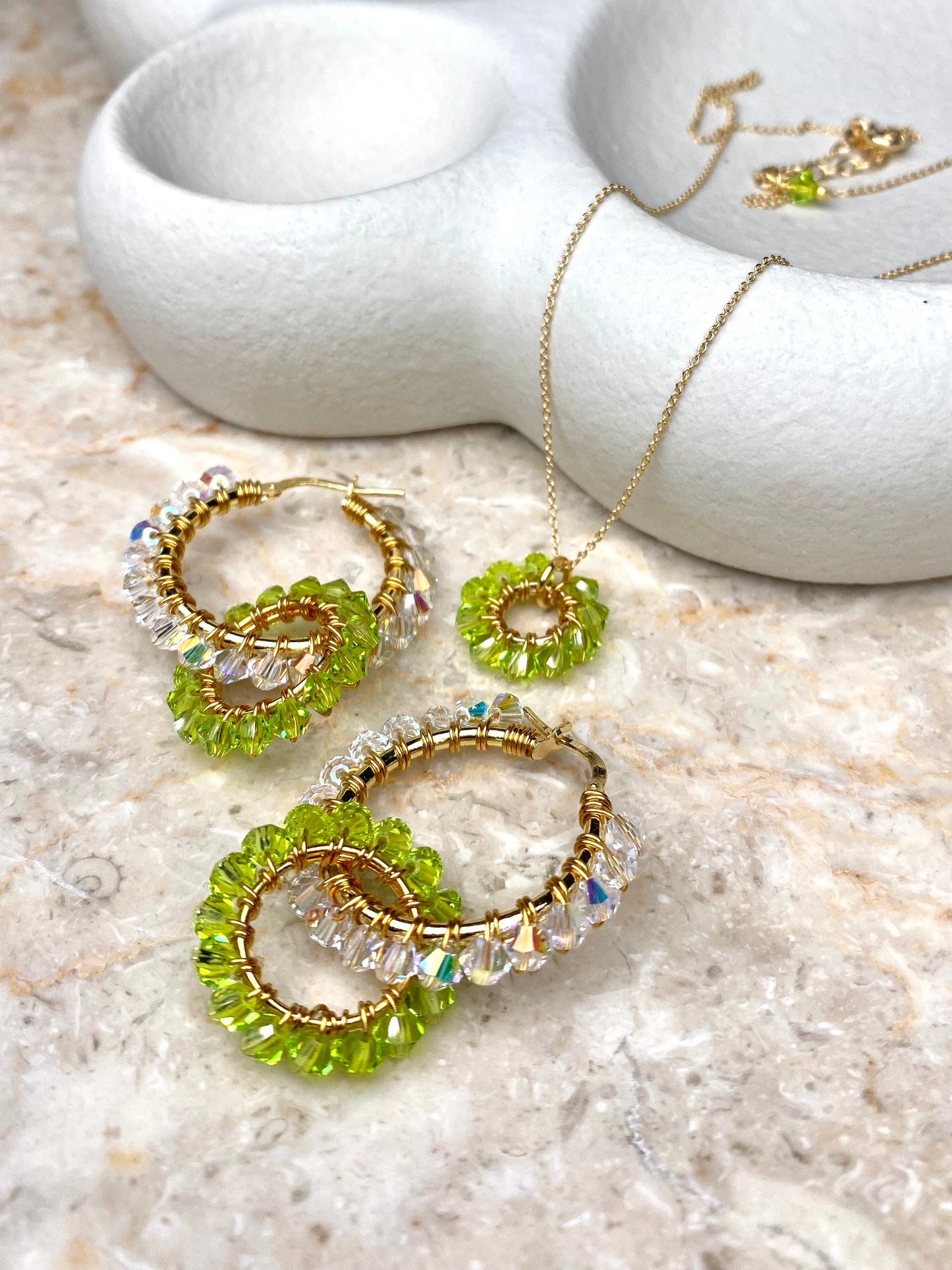 Tuplarenkaat & Soolorengas -korusetti, lime, kullattu hopea