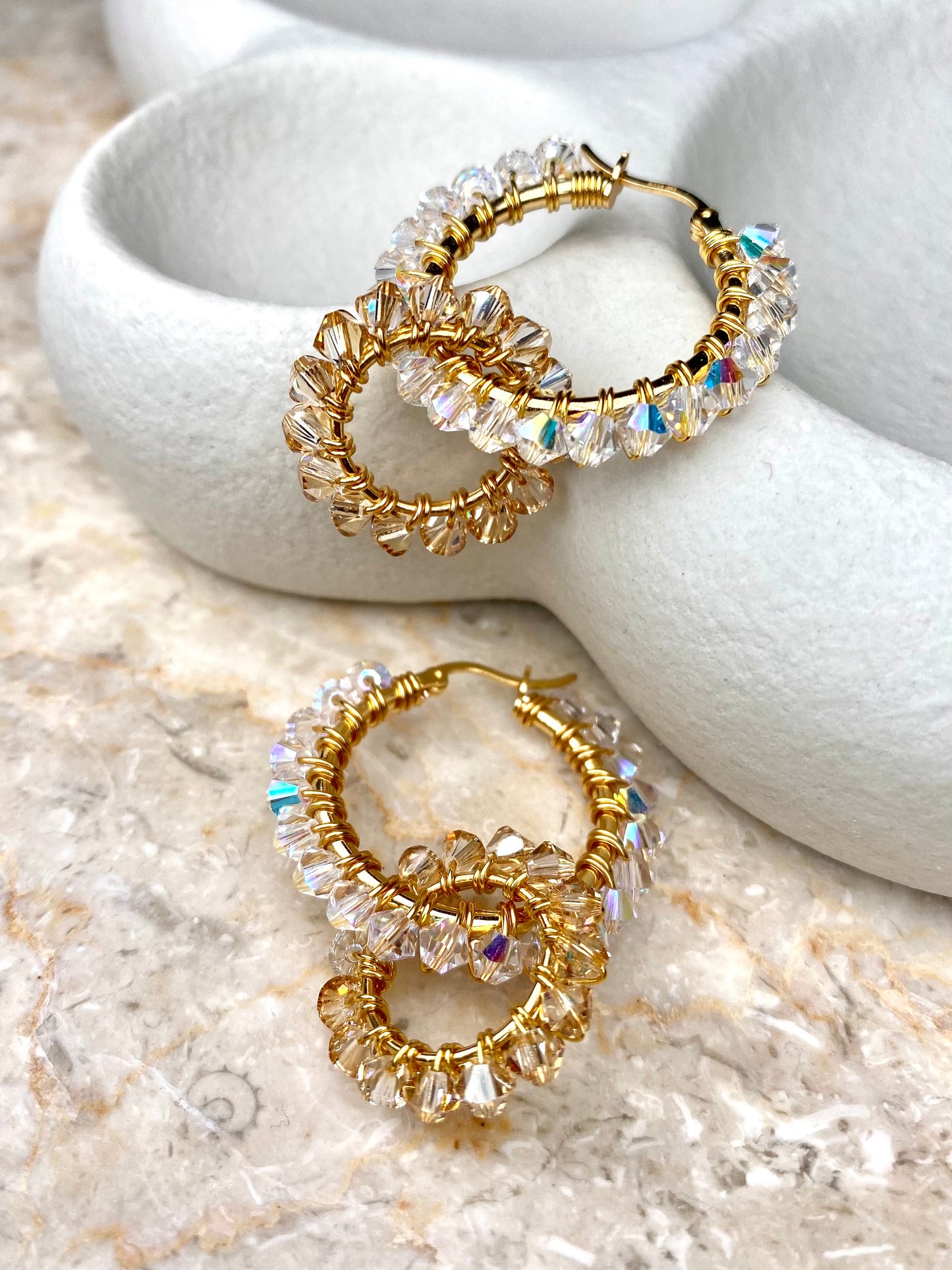 Tuplarenkaat & Soolorengas -korusetti, beige, kullattu hopea