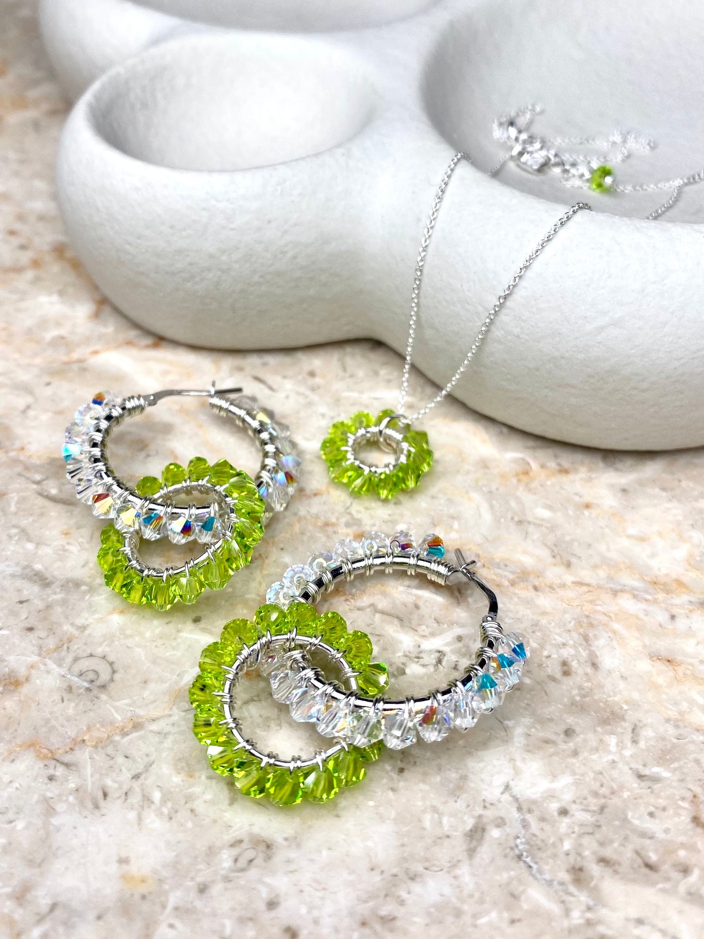 Tuplarenkaat & Soolorengas -korusetti, lime, hopea