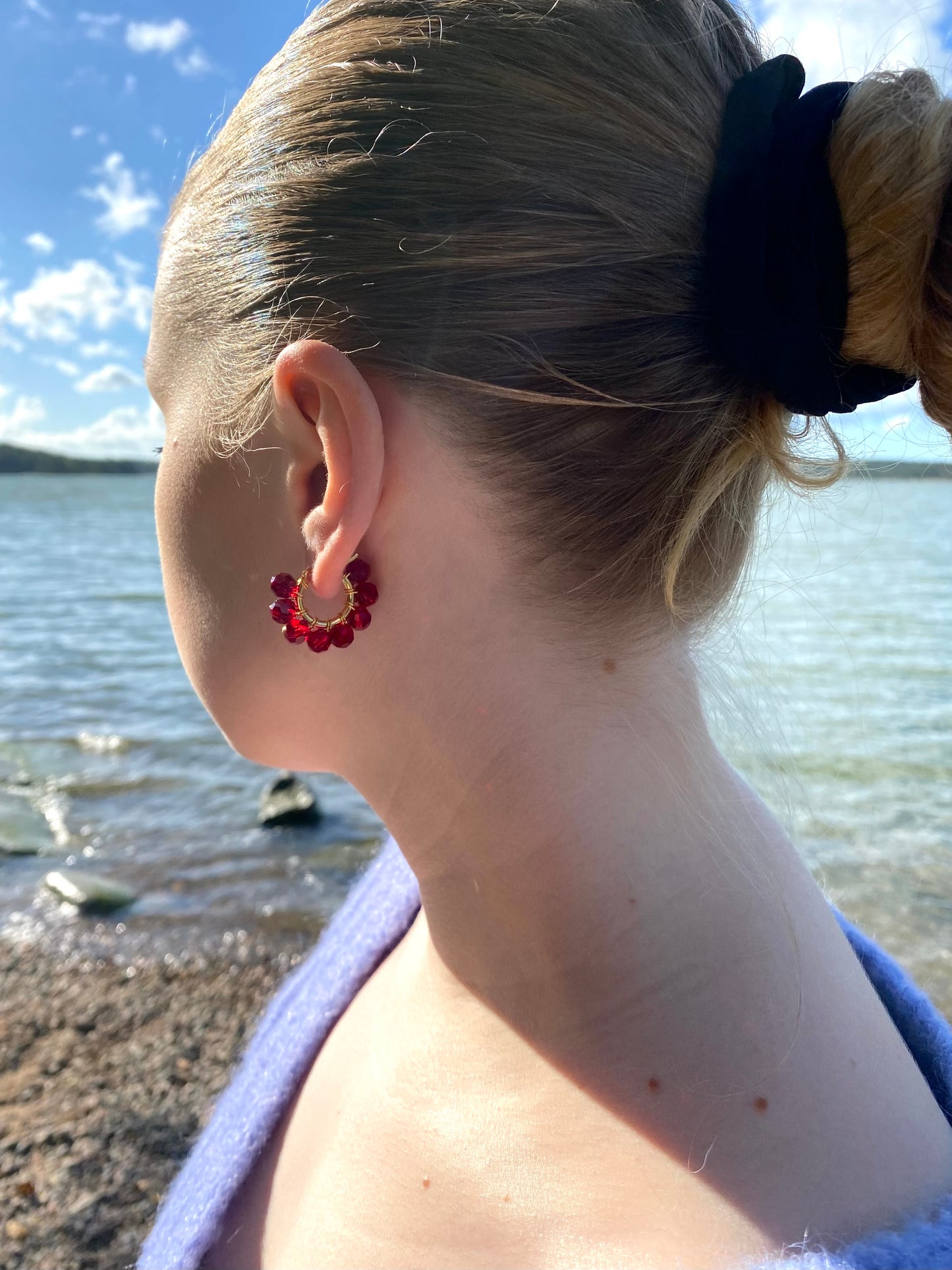 Pikkurenkaat-korvakorut, tummanpunainen, kullattu hopea