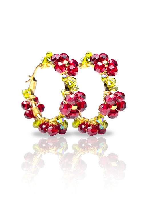 Kristalliniitty-korvakorut, tummanpunainen, kullattu hopea