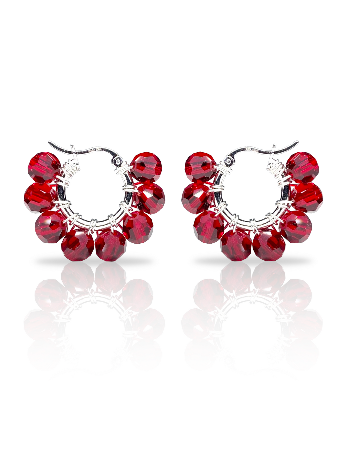 Pikkurenkaat-korvakorut, tummanpunainen, hopea