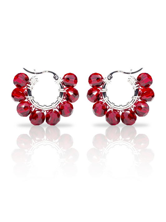 Pikkurenkaat-korvakorut, tummanpunainen, hopea