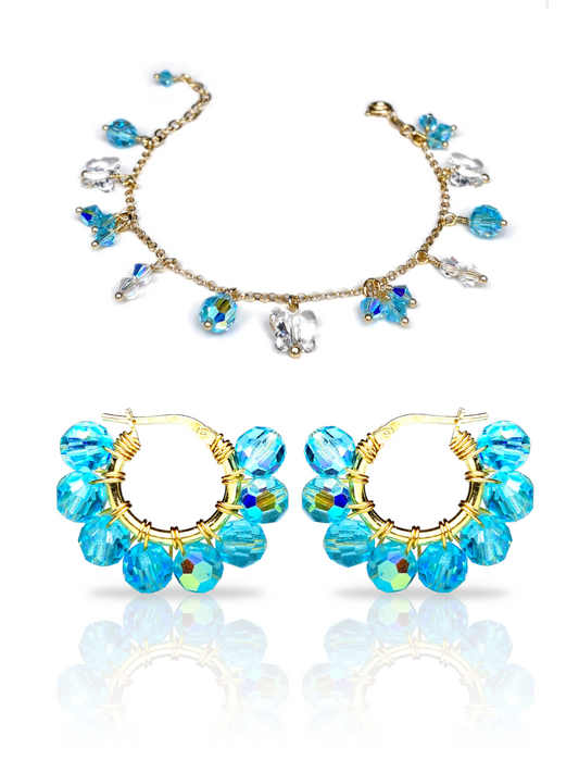 Pikkurenkaat & Keidas -korusetti, turkoosi, kullattu hopea