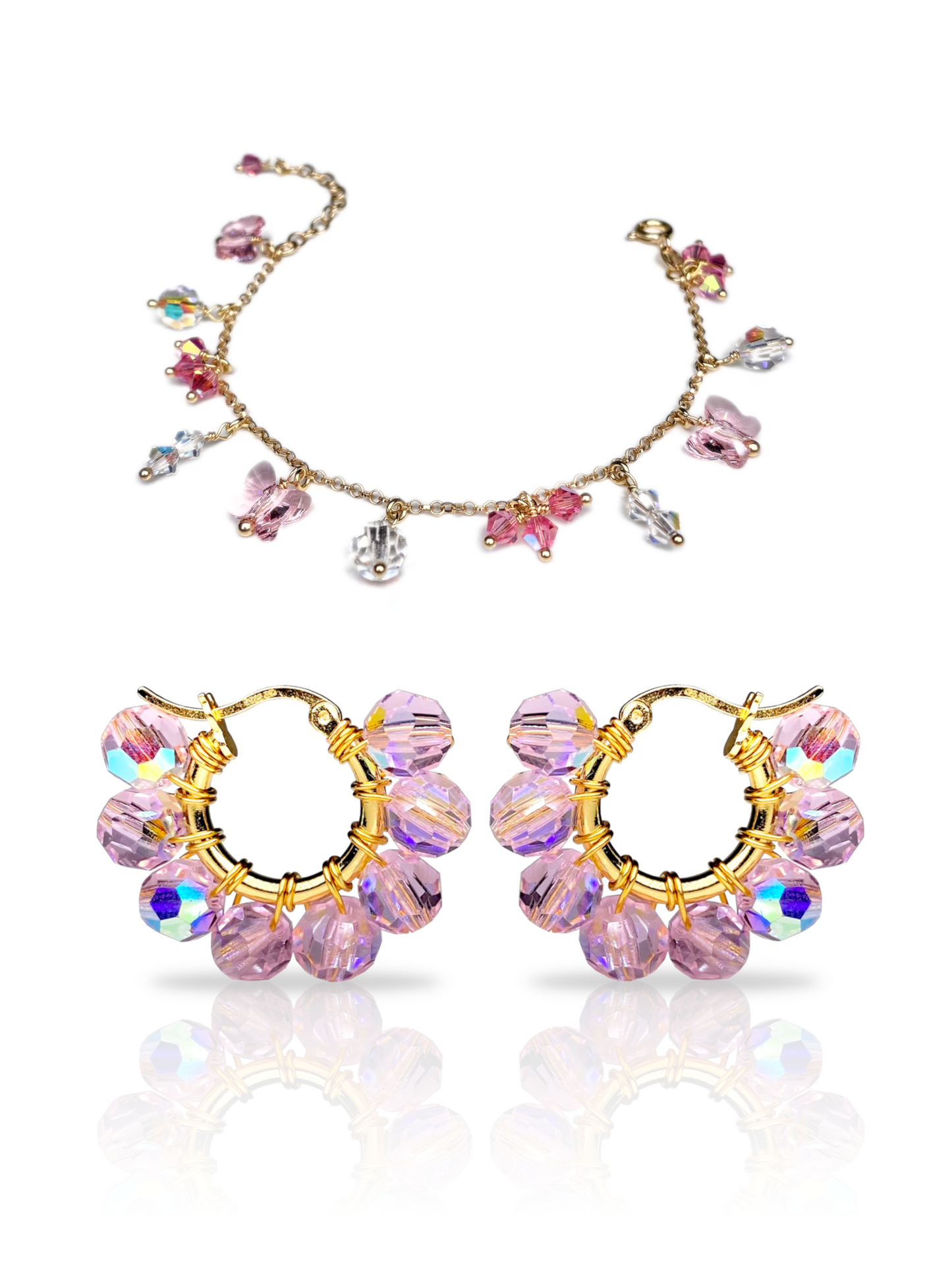 Pikkurenkaat & Keidas -korusetti, vaaleanpunainen, kullattu hopea