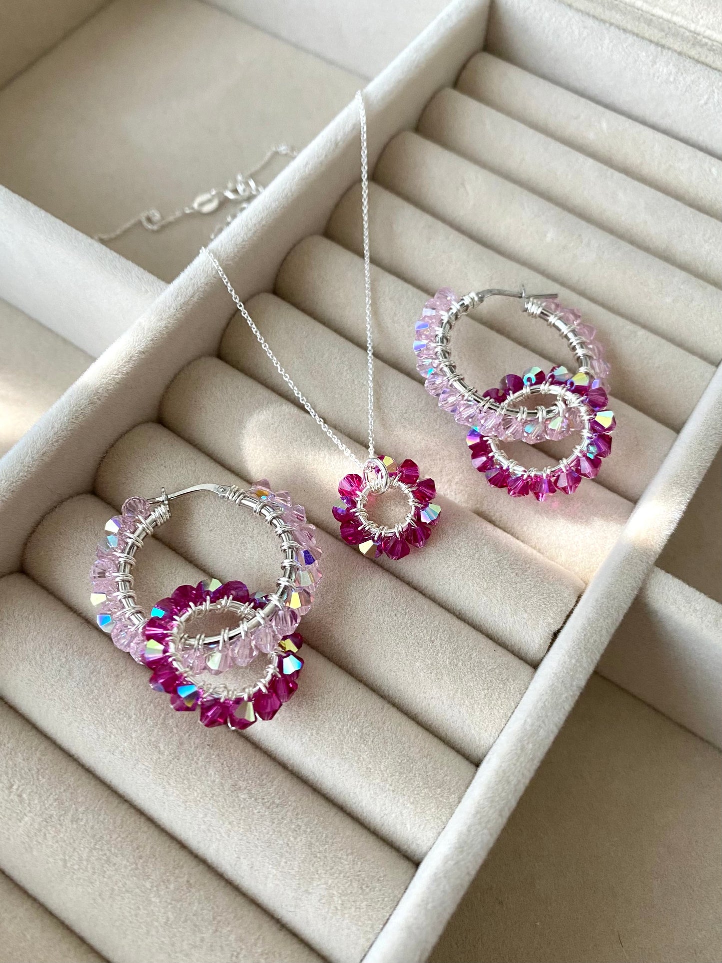 Tuplarenkaat & Soolorengas -korusetti, vaaleanpunainen, hopea