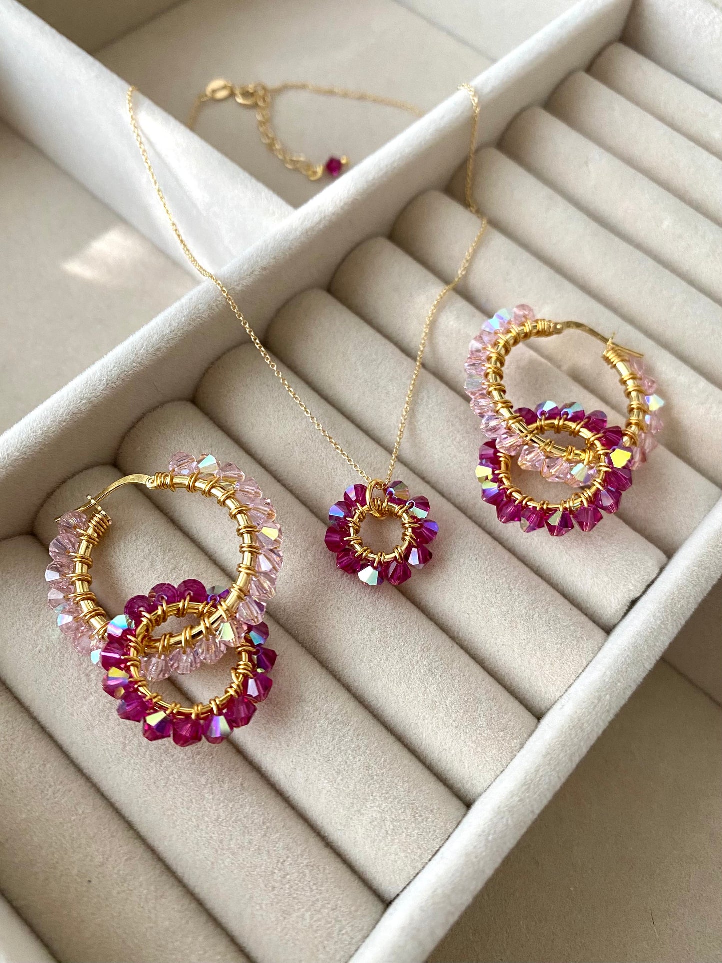 Tuplarenkaat & Soolorengas -korusetti, vaaleanpunainen, kullattu hopea